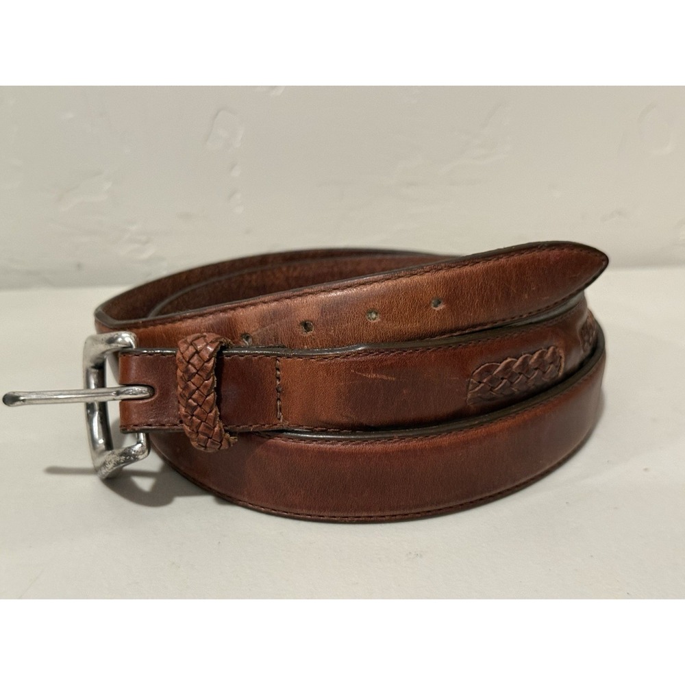 Vintage Men Brown Leather Belt 40 Braided Accent Western‎ Dress Silver Buckle